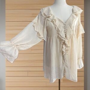 Cream Sheer Boho Blouse Ruffle Button Front Long Sleeve Ethereal Fairy Size S